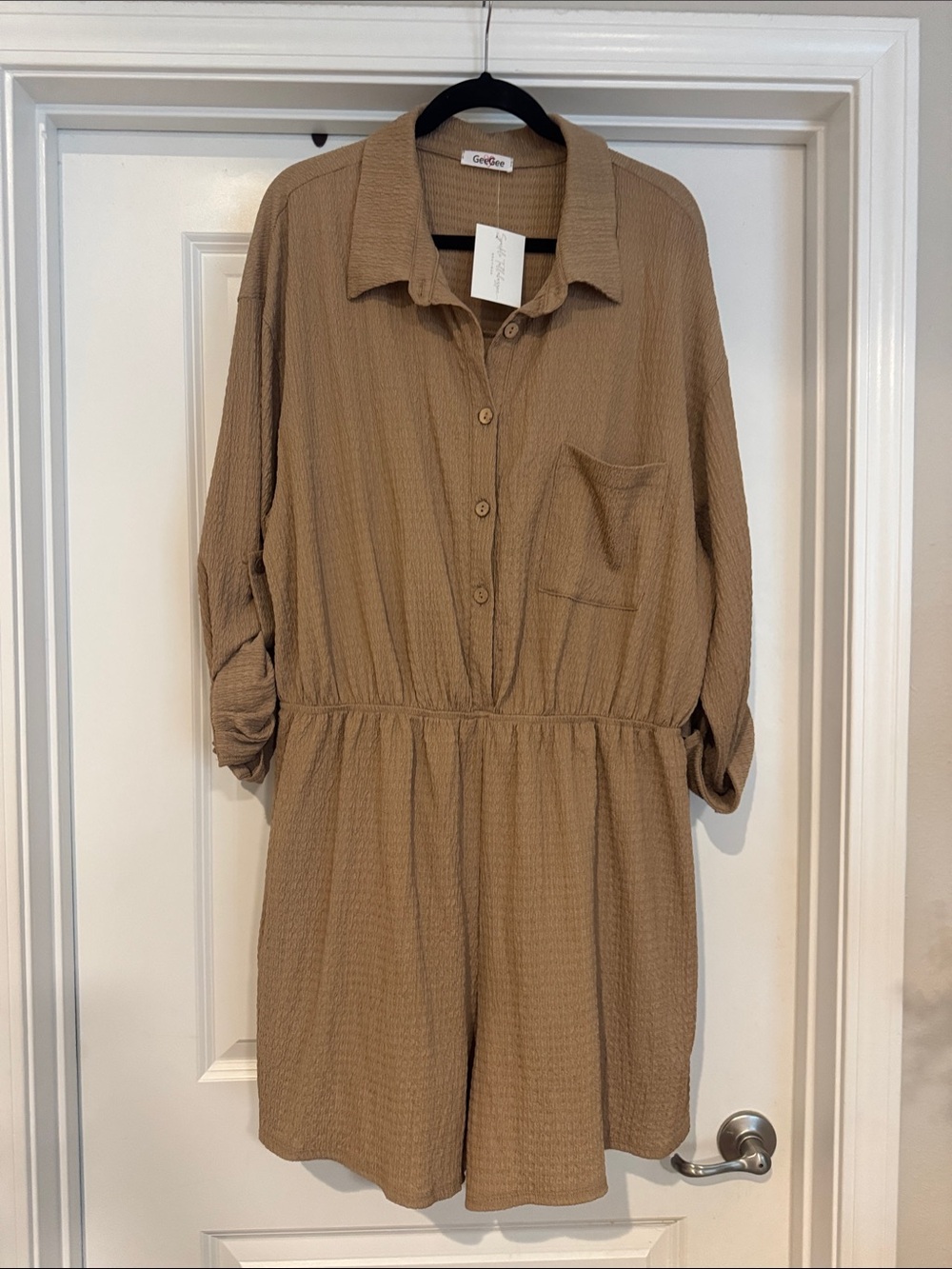 GeeGee Textured Button-Front Tan Romper
